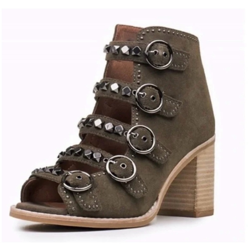 Jeffrey Campbell Olive Suede Stack Heel Open Toe Strappy Sandals 5.5 M EUC